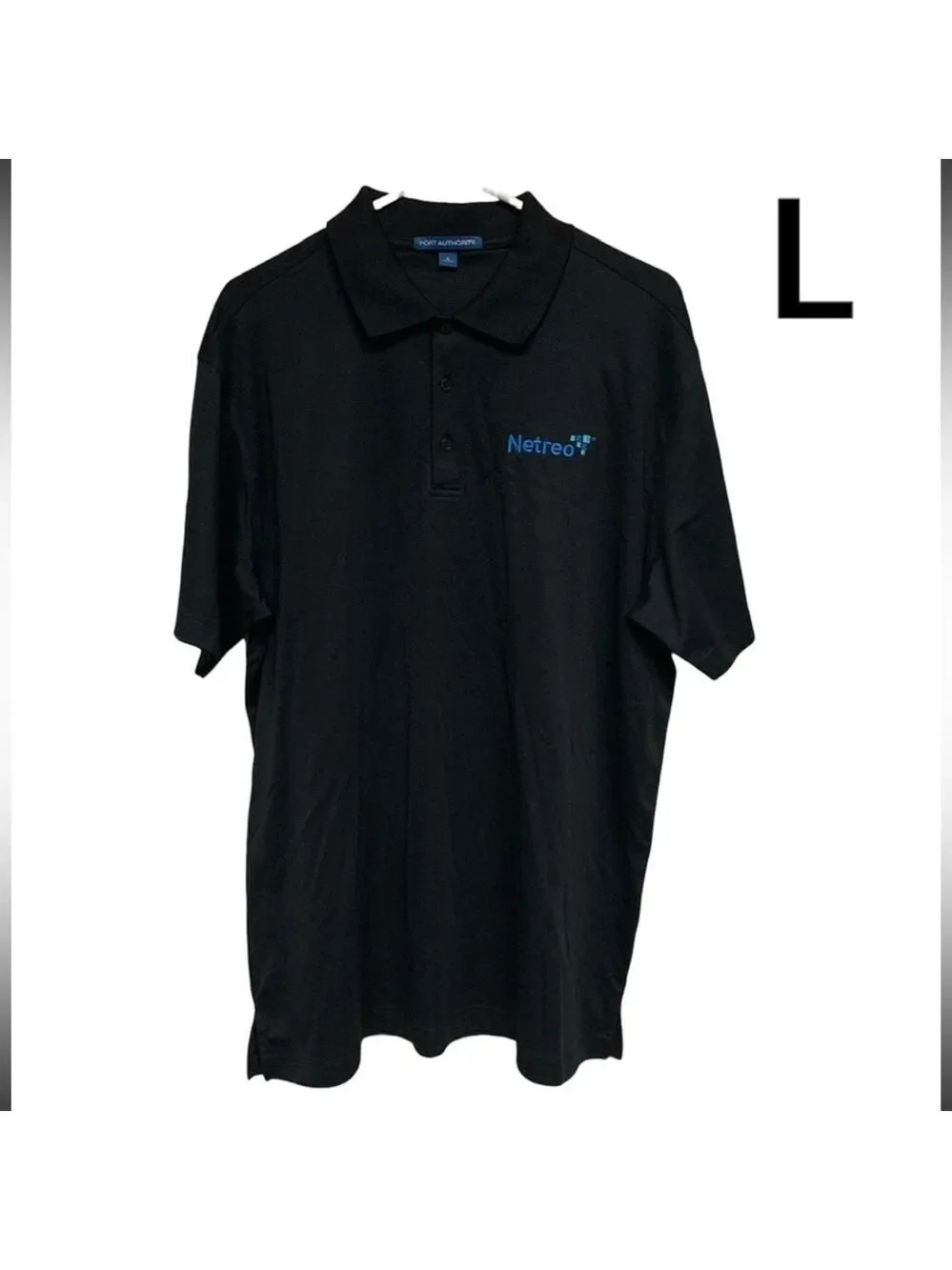 Port Authority mens black polo branded Netreo short sleeve size L Large NEW NWOT